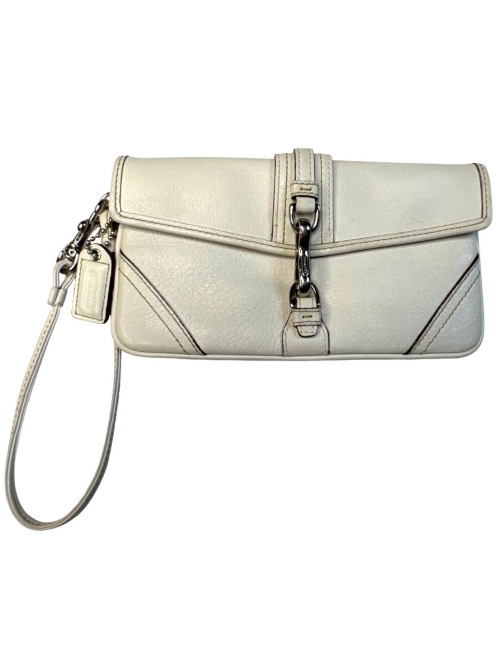 Coach White Leather Wristlet Clutch With Silver Hardware & Signature Lining